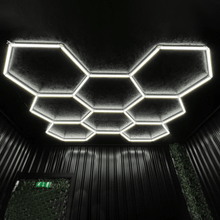 Load image into Gallery viewer, Hexagon LED Garage Light, 8 Hex Kit (35pcs), 6w/pc (Total Power 210W), 6500K, 120 - 130lm/w, AC100 - 277v,IP44, CRI:&gt;80, For Garage, Shop, Gym, Basement, Barbershop, Warehouse, Car Detailing Shop - LEDMyPlace