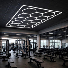 Load image into Gallery viewer, Hexagon LED Garage Lights with Rectangle Frame, 14 Hex Kit (57pcs), 6w/pc (Total Power 534W), 6500K, 120 - 130lm/w, AC100 - 277v,IP44, CRI:>80, For Garage, Shop, Gym, Basement, Barbershop, Warehouse - LEDMyPlace