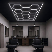 Load image into Gallery viewer, Hexagon LED Garage Lights with Rectangle Frame, 14 Hex Kit (57pcs), 6w/pc (Total Power 534W), 6500K, 120 - 130lm/w, AC100 - 277v,IP44, CRI:>80, For Garage, Shop, Gym, Basement, Barbershop, Warehouse - LEDMyPlace