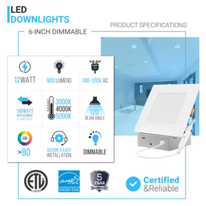 6" 12W LED Slim Panel Recessed Ceiling Light CCT 2700K 3000K 3500K 4000K 5000K, with Junction Box, Square