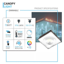 Load image into Gallery viewer, LED Canopy Light 75W 5700K Daylight 9750LM IP65 Waterproof 0 - 10V Dim 120 - 277VAC Surface or Pendant Mount, for Gas Stations Outdoor Area Light, Black - LEDMyPlace
