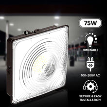Load image into Gallery viewer, LED Canopy Light 75W 5700K Daylight 9750LM IP65 Waterproof 0 - 10V Dim 120 - 277VAC Surface or Pendant Mount, for Gas Stations Outdoor Area Light, Black - LEDMyPlace