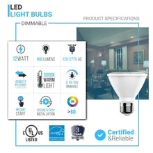 Load image into Gallery viewer, LED Flood Light Bulbs PAR30 Short Neck Dimmable 12 Watt 3000K 800 Lumens 120V E26 Base Damp Location - LEDMyPlace