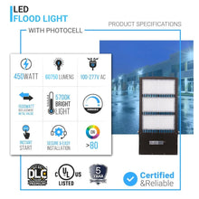 Load image into Gallery viewer, LED Flood Light With Photocell, 450W 5700K, AC100 - 277V, Stadium Lights, With 20KV Surge Protector, IP65 Waterproof Outside Floodlight Exterior Security Light for Yard, Street, Parking Lot - LEDMyPlace