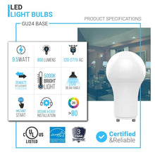 Load image into Gallery viewer, LED Light Bulbs A19 9.5 Watt 5000K 800 Lumens 120V Dimmable, General Purpose Lamp GU24 Base - LEDMyPlace