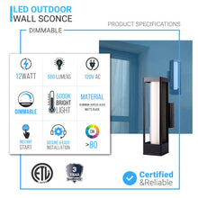 Load image into Gallery viewer, LED Outdoor Wall Sconce, Matte Black Finish, 12W, ETL Listed - Wet Location, Dimmable - LEDMyPlace