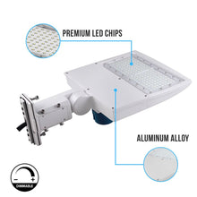 Load image into Gallery viewer, LED Pole Light with Dusk to Dawn Photocell, 150W/120W/100W Wattage Adjustable, 5700K, Universal Mount (Adjustable Slip Fitter + Wall Mount), White, IP65 Waterproof, AC120 - 277V, Gen14B, LED Parking Lot Lights - Outdoor Commercial Area Street Lighting - LEDMyPlace