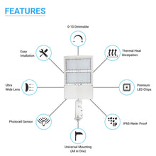 Load image into Gallery viewer, LED Pole Light with Dusk to Dawn Photocell, 300W/240W/200W Wattage Adjustable, 5700K, 133 LM/W, Universal Mount (Adjustable Slip Fitter + Wall Mount), White, IP65 Waterproof, AC120 - 277V, LED Parking Lot Lights - Outdoor Commercial Area Street Lighting - LEDMyPlace