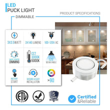 Load image into Gallery viewer, LED Puck Lights, 3 - Piece Kit Direct Plug - In, Dimmable, 3x3 Watts, 3x140 LM, White, Linkable LED Under Counter Lights for Kitchen, Desk - LEDMyPlace