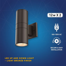 Load image into Gallery viewer, LED Up &amp; Down Lights Outdoor, Cylinder, 12WX2, AC100 - 277V, 80 - 90 Lm/W, IP65, Light Bronze Finish, Double Side - LEDMyPlace