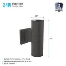 Load image into Gallery viewer, LED Up &amp; Down Lights Outdoor, Cylinder, 12WX2, AC100 - 277V, 80 - 90 Lm/W, IP65, Light Bronze Finish, Double Side - LEDMyPlace
