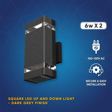 Load image into Gallery viewer, LED Up &amp; Down Wall Lights Outdoor, Square, 2x6W, AC100 - 277V, Waterproof Wall Sconce in 2 Lights, ETL - Listed, 80 - 90 Lumens/W - LEDMyPlace
