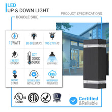 Load image into Gallery viewer, LED Up &amp; Down Wall Lights Outdoor, Square, 2x6W, AC100 - 277V, Waterproof Wall Sconce in 2 Lights, ETL - Listed, 80 - 90 Lumens/W - LEDMyPlace