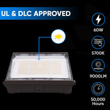 Load image into Gallery viewer, LED Wall Pack Light with Dusk - to - Dawn Sensor 60W 9000LM 5700K Daylight, Forward Throw, 120V - 277V Waterproof Wall Mount Security Lighting UL, DLC Premium - LEDMyPlace