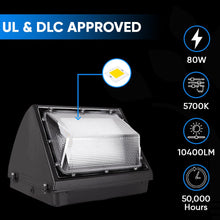 Load image into Gallery viewer, LED Wall Pack Light without Photocell 80W 5700K Forward Throw, IP65 Waterproof, 10400LM, UL, DLC Certified, Outdoor Commercial Security Light, For Porch Garage Warehouse Security Flood Lighting - LEDMyPlace