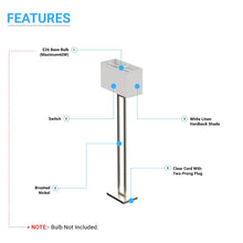 Load image into Gallery viewer, Modern Standing Floor Lamps for Living Room 61 - inch Brushed Nickel &amp; Straight Rectangular Pure White Linen Shade, With 1PCS ON - OFF Switch, Corner Floor Lamp - LEDMyPlace