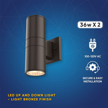 Load image into Gallery viewer, Outdoor LED Up and Down Wall Sconce, Cylinder Outside Lights, 2x36W, AC100 - 277V, Double Side (White Light), Exterior Wall Lights - LEDMyPlace