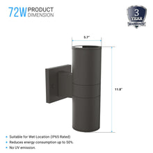 Load image into Gallery viewer, Outdoor LED Up and Down Wall Sconce, Cylinder Outside Lights, 2x36W, AC100 - 277V, Double Side (White Light), Exterior Wall Lights - LEDMyPlace