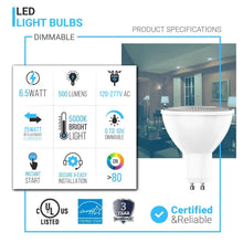 Load image into Gallery viewer, PAR16 LED Light Bulbs - 6.5 Watt GU10 base 5000K - 500Lumens, Dimmable - LEDMyPlace