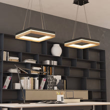 Load image into Gallery viewer, Square Metal and Wood Chandelier Light, 35W, 3000K (Warm White), 836 Lumens, Dimmable, Matte Black + Wood Body Finish - LEDMyPlace