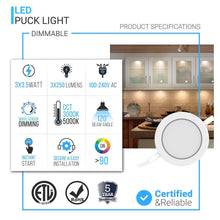 Load image into Gallery viewer, Swivel LED Puck Lights Kit with ETL List, Recessed or Surface Mount Design, CRI90, 3 - Piece Kit With 12V Adaptor &amp; Touch Dimmer, Linkable, 3x3.5 Watts, 750 Lumens, White - LEDMyPlace
