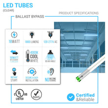 Load image into Gallery viewer, T8 4ft LED Tube/Bulb - Glass 18W 1800 Lumens 4000K Clear, Single Ended Power - Ballast Bypass - LEDMyPlace