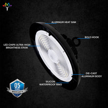 Load image into Gallery viewer, UFO LED High Bay Light 150/120/100 Watt Adjustable, 4000K Cool White, 150LM/W - 155LM/W, 120 - 277VAC, IP65, UL, DLC Listed, 1 - 10V Dim, For LED Warehouse Lighting Retail Workshop Garage Factory Barn Lighting - LEDMyPlace