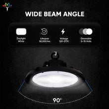 Load image into Gallery viewer, UFO LED High Bay Light 150/120/100 Watt Adjustable, 4000K Cool White, 150LM/W - 155LM/W, 120 - 277VAC, IP65, UL, DLC Listed, 1 - 10V Dim, For LED Warehouse Lighting Retail Workshop Garage Factory Barn Lighting - LEDMyPlace