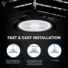 Load image into Gallery viewer, UFO LED High Bay Light 150/120/100 Watt Adjustable, 5700K, 150LM/W - 155LM/W, 120 - 277VAC, IP65, UL, DLC Listed, 1 - 10V Dim, For Warehouse Factory Workshops Gymnasium &amp; Supermarket Lighting - LEDMyPlace