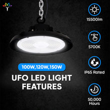 Load image into Gallery viewer, UFO LED High Bay Light 150/120/100 Watt Adjustable, 5700K, 150LM/W - 155LM/W, 120 - 277VAC, IP65, UL, DLC Listed, 1 - 10V Dim, For Warehouse Factory Workshops Gymnasium &amp; Supermarket Lighting - LEDMyPlace