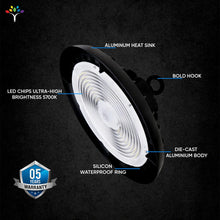 Load image into Gallery viewer, UFO LED High Bay Light 150/120/100 Watt Adjustable, 5700K, 150LM/W - 155LM/W, 120 - 277VAC, IP65, UL, DLC Listed, 1 - 10V Dim, For Warehouse Factory Workshops Gymnasium &amp; Supermarket Lighting - LEDMyPlace