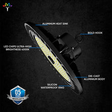 Load image into Gallery viewer, UFO LED High Bay Light 150/120/100 Watt Adjustable, 5700K, 150LM/W - 155LM/W, AC277 - 480V High Voltage, IP65, UL, DLC Listed, 1 - 10V Dim, For Warehouse Barn Airport Workshop Garage Factory - LEDMyPlace