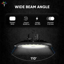 Load image into Gallery viewer, UFO LED High Bay Light 150/120/100 Watt Adjustable, 5700K, 150LM/W - 155LM/W, AC277 - 480V High Voltage, IP65, UL, DLC Listed, 1 - 10V Dim, For Warehouse Barn Airport Workshop Garage Factory - LEDMyPlace