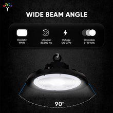 Load image into Gallery viewer, UFO LED High Bay Light 240W/220W/200W Wattage Adjustable, 4000K, 150 LM/W, DLC Premium 1 - 10V Dimmable, AC120 - 277V, Commercial LED Light for Barn Workshop Warehouse Gym Airport Lights - LEDMyPlace