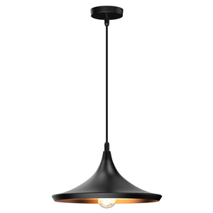 Matte Black Pendant Light Fixture, Trumpet-Shaped, E26 Base, Steel Body, UL Listed