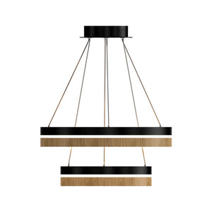 Double Circle Chandelier, 78W, 3000K, 1501 Lumens, Wooden + Matte Black Chandelier, Dimmable Pendant Fixture