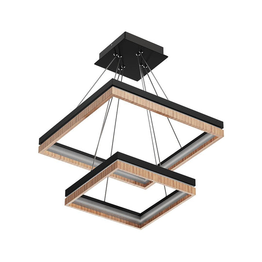 Double Square Chandeliers Light, 128W, 3000K (Warm White), 2461 Lumens, Dimmable Wooden + Matte Black Finish Chandelier