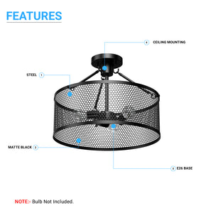 Drum Shape Semi-Flush Mount Ceiling Light, Steel Cage Matte Black Finish, E26 Base, UL Listed, 3 Years Warranty