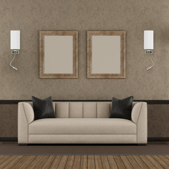 1-Light Modern Bedside Wall Sconce Light with One LED Reading Swing Arm Wall Light, 1 USB + 1 Switch + 1 Outlet, Brushed Nickel Finish, White Acrylic Shade