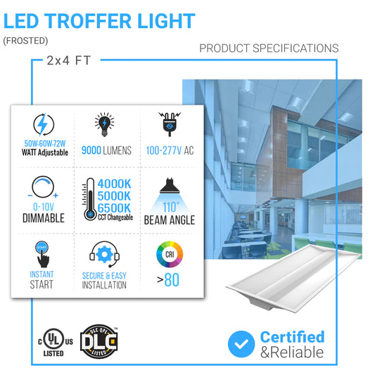 2x4 ft LED Troffer - Wattage & CCT Selectable (dip switch) - Watt: 50W-60W-72W - CCT: 4000K-5000K-6500K - 0-10V Dimmable