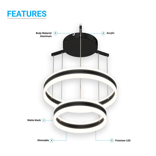 2-Ring, Unique LED Circular Chandelier, 112W, 3000K-6500K, 5600LM, Dimmable, Sand Black Body Finish