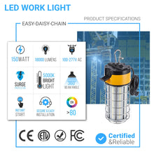 Load image into Gallery viewer, 150W LED Temporary Work Light Fixture with cage , 5000K , 18000 Lumens , IP64 rated, Construction Jobsite Light