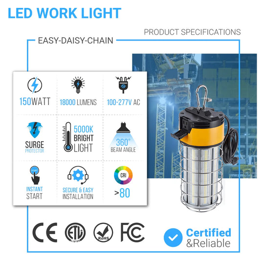 150W LED Temporary Work Light Fixture with cage , 5000K , 18000 Lumens , IP64 rated, Construction Jobsite Light