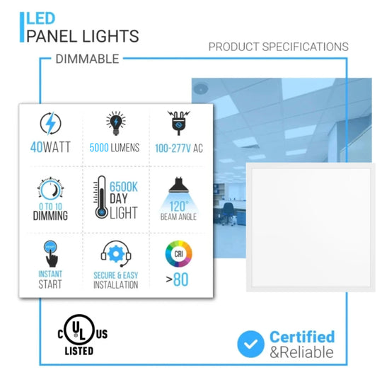 2X2 LED Flat Panel Light, 40 Watt, 6500K Daylight, AC100-277V, Dimmable, 5000 Lumens, LED Drop Ceiling Lights(4-Pack)