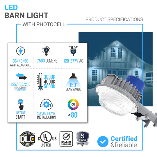 LED Barn Light w/ 3-pin NEMA Photocell, 60/48/36 Wattage Adjustable & 3000K/4000K/5000K CCT Tunable, 120-277V, Dusk-To-Dawn, Silver