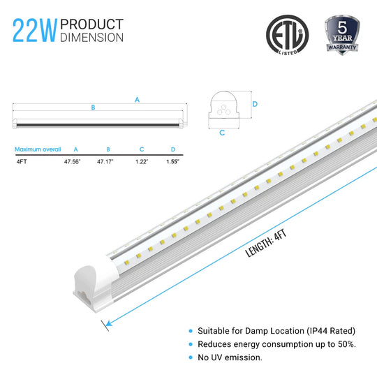 T8 4ft LED Tube 22W V Shape Integrated 2 Row 6500k Clear