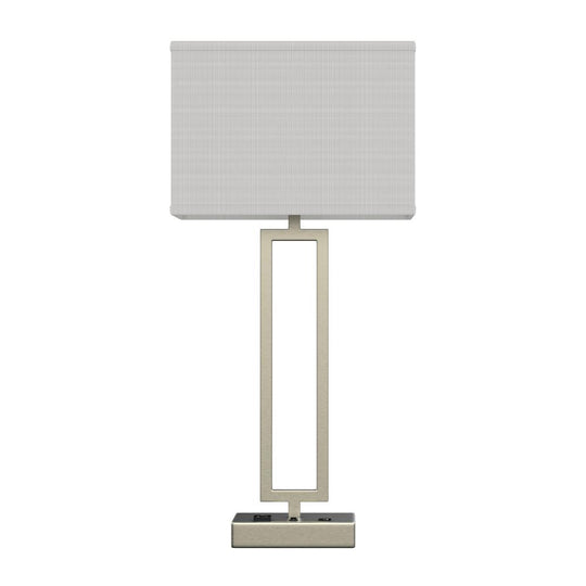 28" Desk Lamp with USB Port and Outlet, Brushed Nickel Finish and Rectangular White Linen Shade, On/Off Switch