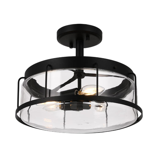 Drum Shape Semi-Flush Mount Lighting Fixture, Matte Black Finish with Clear Glass Shade, E26 Base, UL Listed, 3 Years Warranty