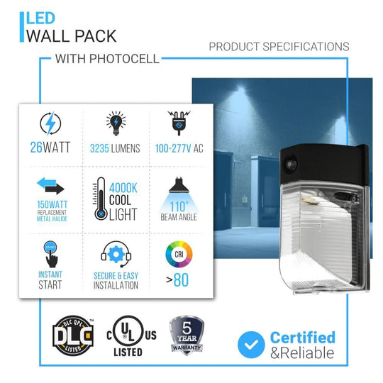 LED Wall Pack with Photocell and Cap ; 26W 4000K