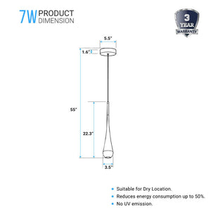 Pyramid Shaped Pendant Light, 7W, 3000K, 516LM, Dimmable, 1-Light